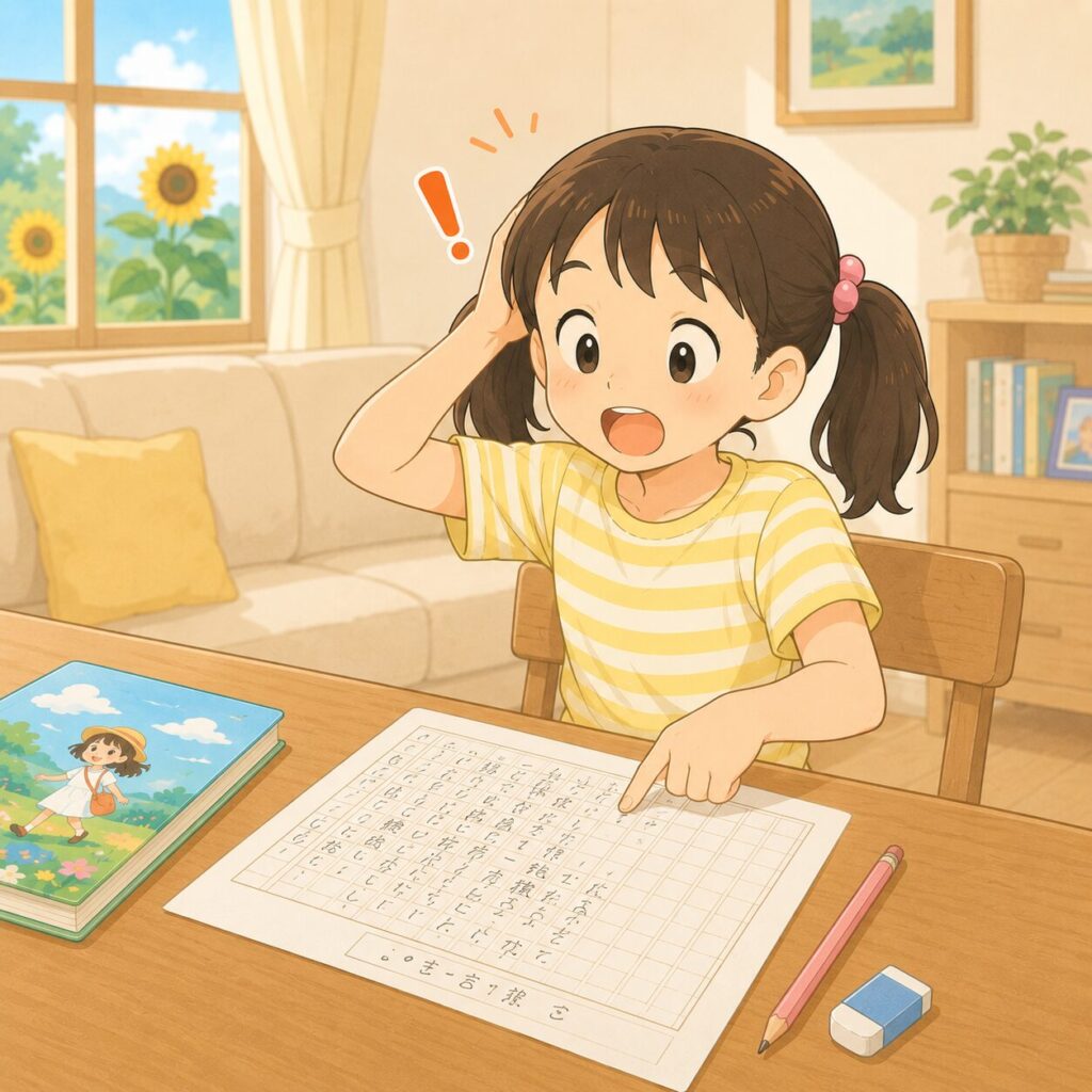 原稿用紙をさかさまにした状態で読書感想文を書き、仕上がり後にさかさまと気が付いた女の子のイラスト