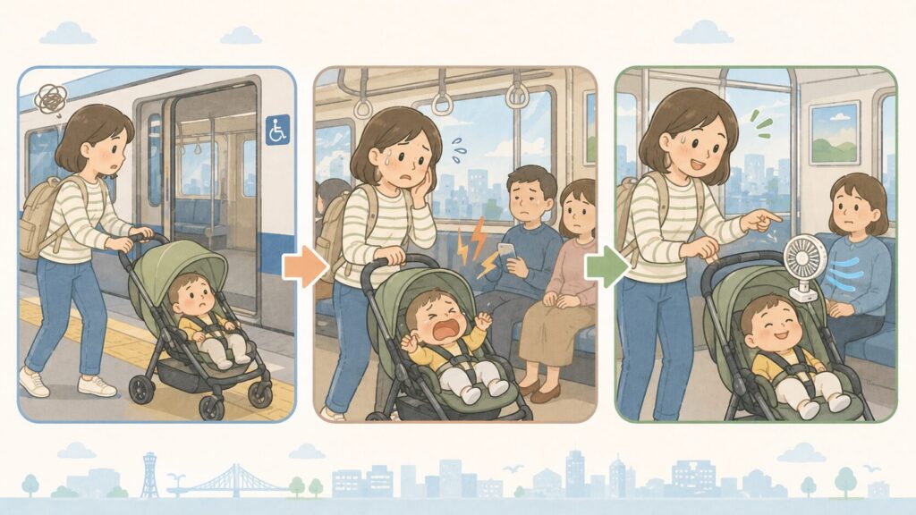 ①ベビーカーで地下鉄に乗ろうとする親（少し困った表情）→ ②車内で子どもがぐずる→親が周囲を気にする ③ベビーカーに小さな扇風機を取り付けて子どもが快適そうに過ごす。困難→工夫→改善の流れを示唆する構成。
