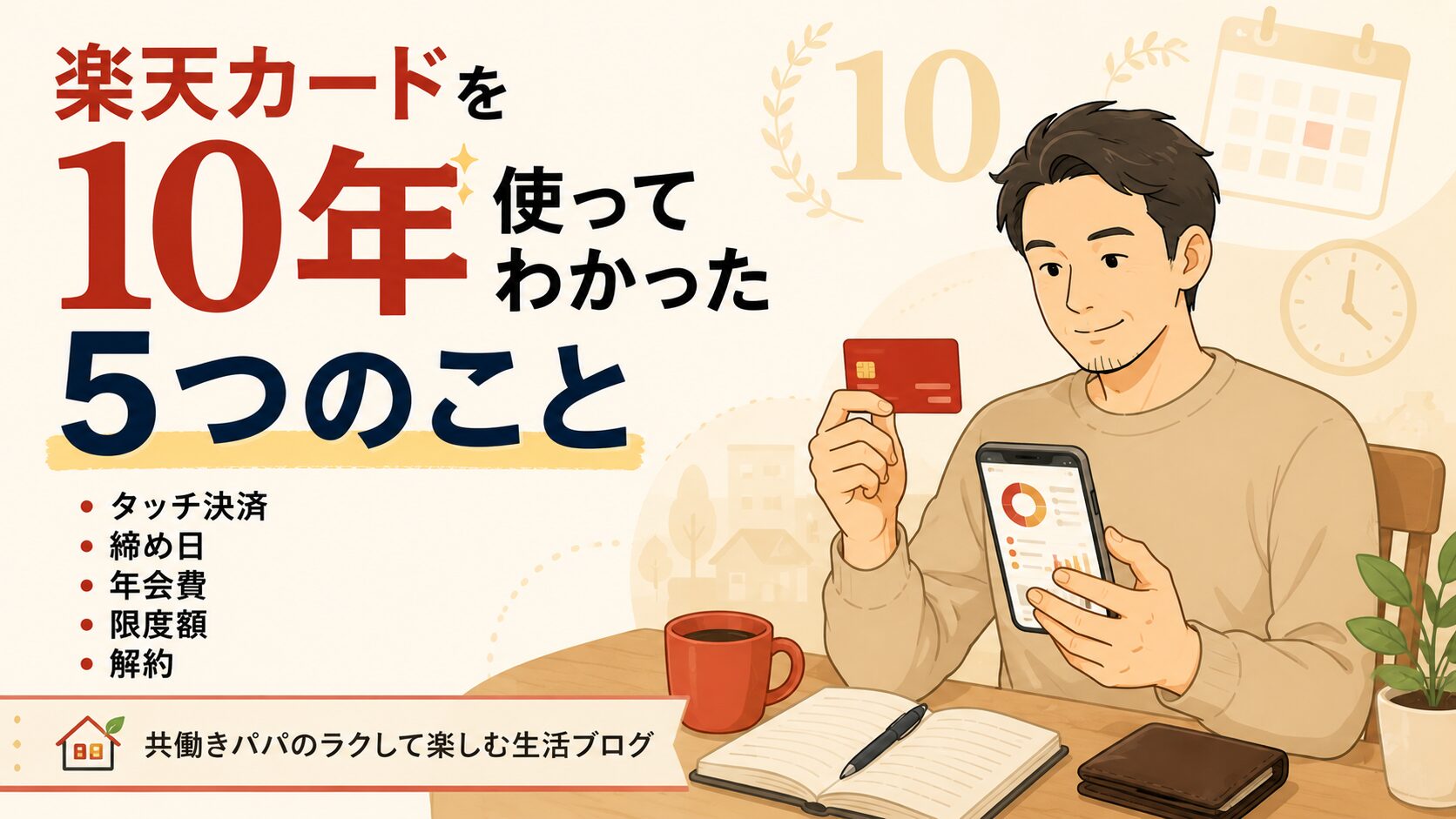 30〜40代の男性が、赤色のクレジットカードを片手に持ち、もう片手で財布や家計簿アプリの開かれたスマホを見ている