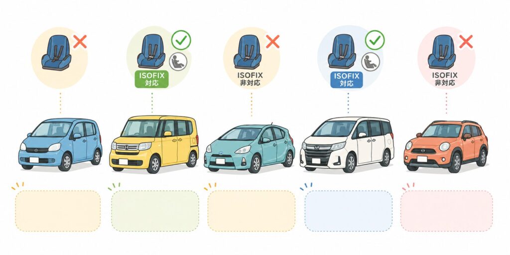 フラットイラストのインフォグラフィック。5台のカーシェア車が並び、それぞれの上に「チャイルドシート×」「ISOFIX対応」などの小さなアイコン