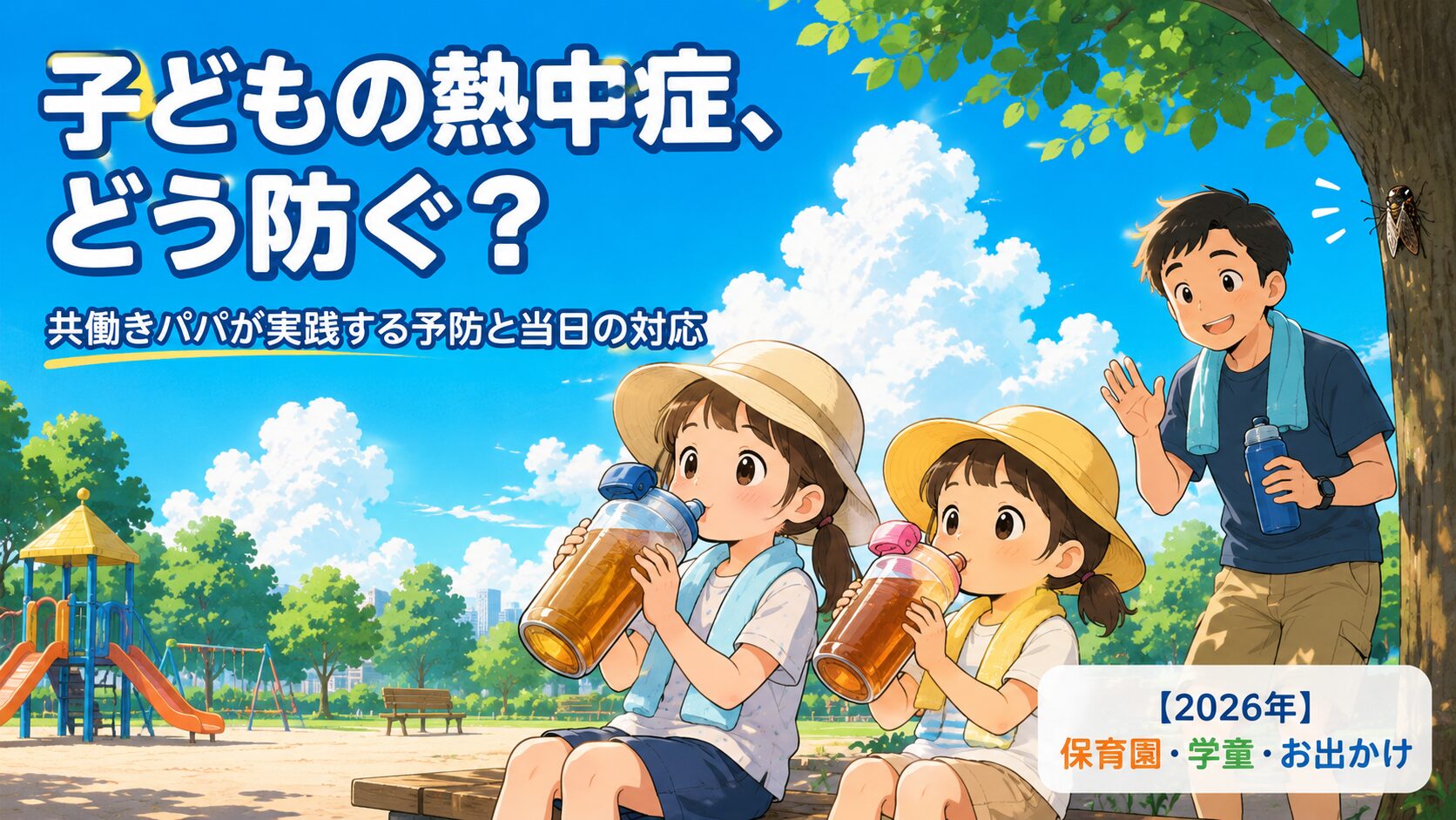 夏の強い日差しの下、公園で小学生の姉妹（姉8歳・妹6歳）が麦茶の入った大きめの水筒を飲んでいる場面。二人とも通気性のよい服とつば広の帽子をかぶり、首には冷感タオル。少し離れたところで、優しい表情の30代の父親が日陰から水分補給を見守り、手で「飲もうね」と声をかけている。