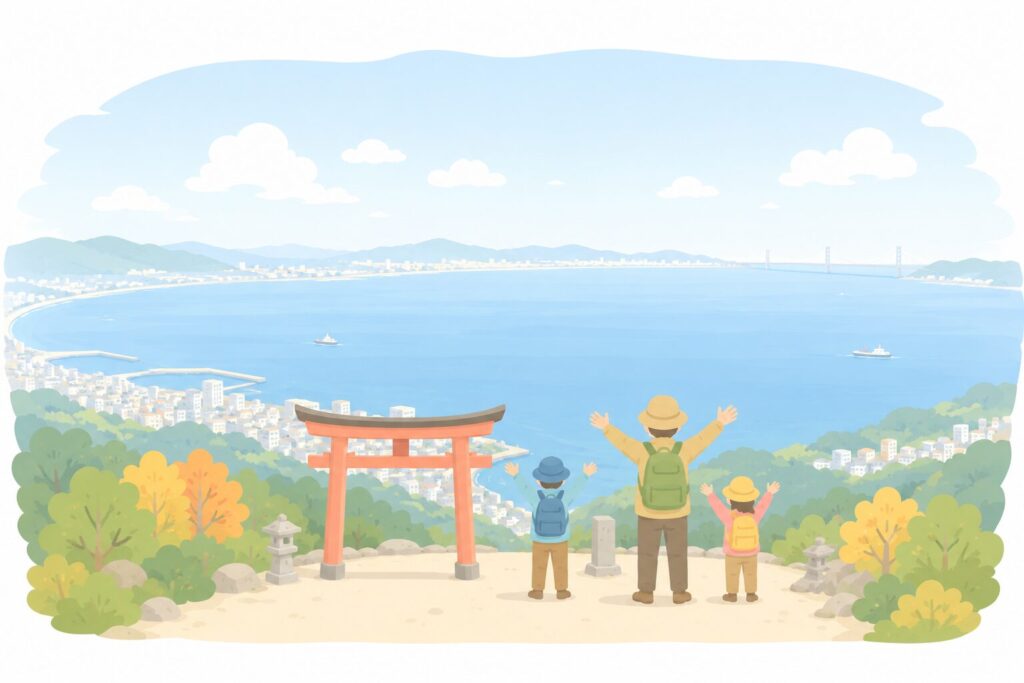 ・山の頂上付近から見下ろす、広い青い海（大阪湾）の景色
・手前に小さな神社の鳥居
・親子らしき小さなシルエットが景色を眺めて喜んでいる（顔は描かない）
・空が広く、晴れやかな雰囲気