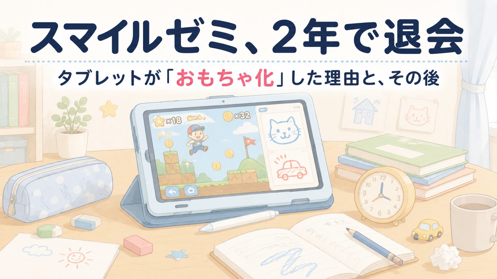学習用タブレットが「おもちゃ化」してしまった様子を、正直であたたかいイラストで表現