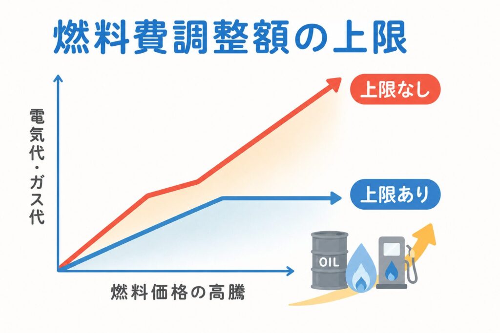 2本の折れ線を対比したシンプルな図解。
・1本は右肩上がりにどこまでも上がり続ける（赤系）→ ラベル「上限なし」
・もう1本は途中で水平に頭打ちになる（青/緑系）→ ラベル「上限あり」
横軸に燃料価格の高騰イメージ。