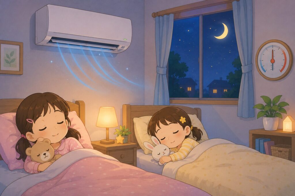夜、寝室で姉妹がすやすや眠り、壁のエアコンが静かに稼働（青い涼風の線）。窓の外は夜空と月。温度計が適温を指す。