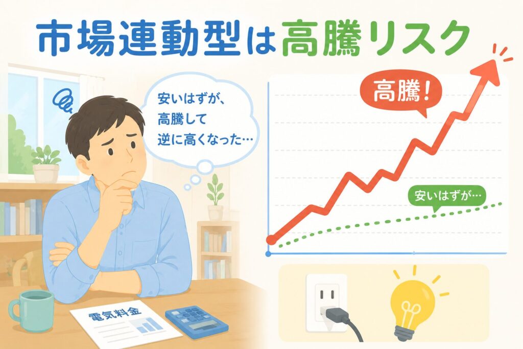 右肩上がりに急上昇する折れ線グラフを、困り顔のパパが見ているイラスト。
グラフの下に電気のアイコン（電球やコンセント）。
「安いはずが、高騰して逆に高くなった」が伝わる構図。