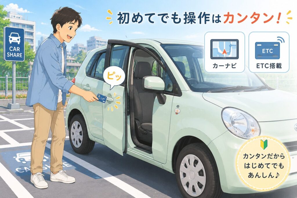 パパがICカードを車のドアにかざして解錠している瞬間のイラスト。
ピッと反応するマークと、開くドア。足元のステーション区画ライン、
車にはカーナビ・ETCを示す小アイコン。「初めてでも操作はカンタン」と
伝わる、安心感のある明るい描写