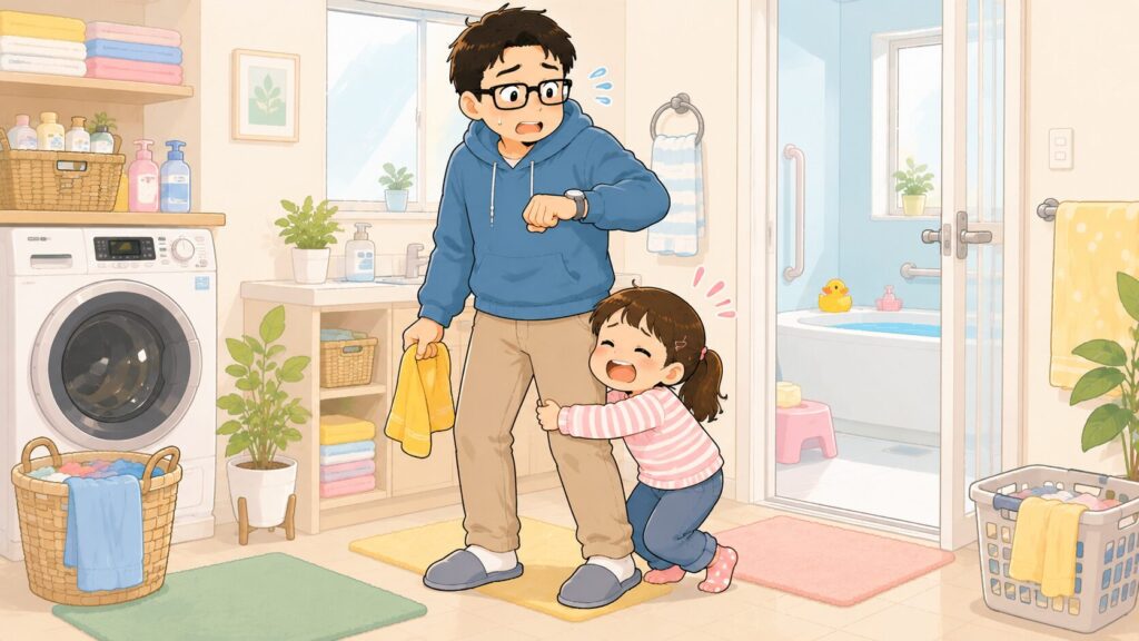 お風呂の脱衣所で、6歳くらいの女の子が「頭洗って〜」とパパの足にまとわりついてイヤイヤしている。パパは少し困った・急かしたい表情(時計をチラ見)。
