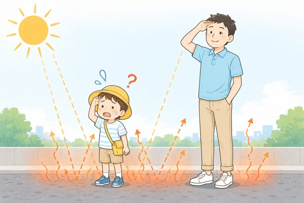 夏の強い日差しの下、公園で小学生の姉妹（姉8歳・妹6歳）が麦茶の入った大きめの水筒を飲んでいる場面。二人とも通気性のよい服とつば広の帽子をかぶり、首には冷感タオル。少し離れたところで、優しい表情の30代の父親が日陰から水分補給を見守り、手で「飲もうね」と声をかけている。