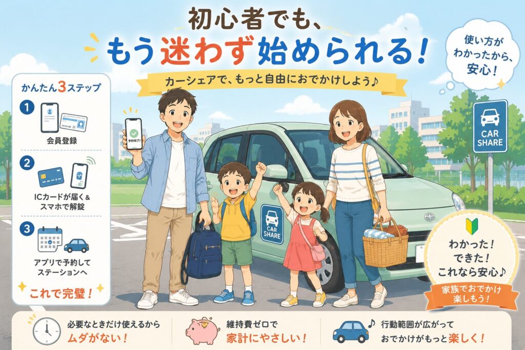 パパ・ママ・子ども2人の4人家族が、カーシェアの車の前で笑顔でお出かけ
準備。「初心者でも、もう迷わず始められる」という達成感・安心感が伝わる
温かいフラットイラスト
