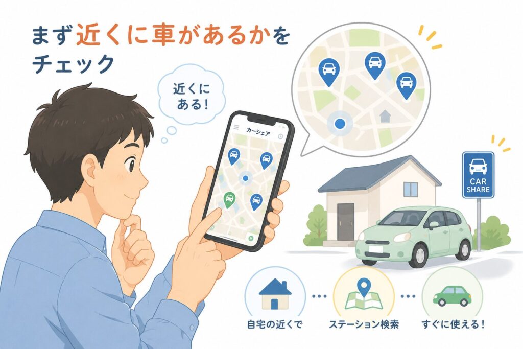 スマホの地図アプリを見て、自宅の近くにあるカーシェアのステーション
(マップピンが複数)を確認しているパパ。「まず近くに車があるかを
チェック」という行動が伝わる構図。