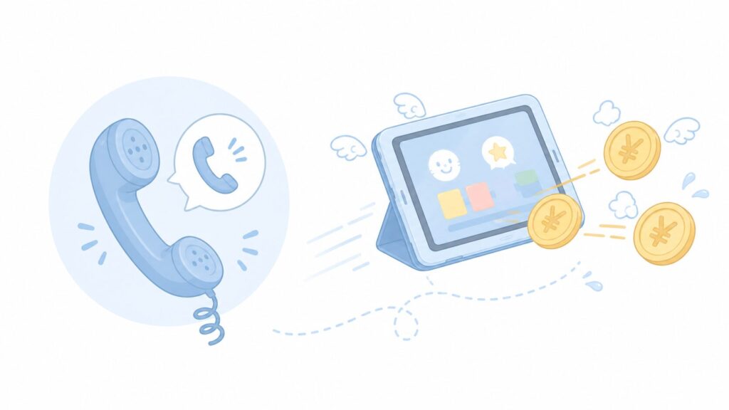 ・電話の受話器アイコンと「解約は電話」のニュアンス
・そのとなりに、タブレットとコインが飛んでいく様子（早期退会で追加費用がかかるイメージ）