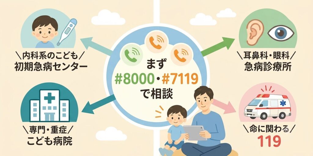 「症状で行き先が変わる」ことが一目でわかるマップ風の図解。
4つのアイコン+短いラベル:
・こども+体温計のアイコン →「内科系のこども/初期急病センター」
・耳と目のアイコン →「耳鼻科・眼科/急病診療所」
・病院+十字のアイコン →「専門・重症/こども病院」
・救急車のアイコン →「命に関わる/119」
中央に「まず #8000・#7119 で相談」を置いてハブのように見せる。