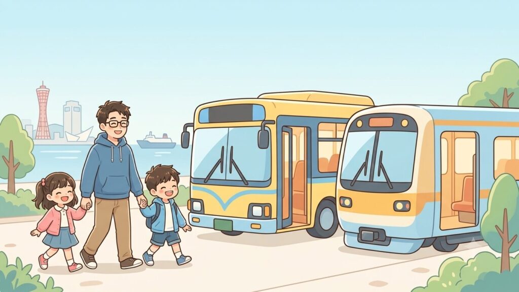 日本人のお父さんと小学生くらいの子ども2人が、手をつないで笑顔で、かわいくデフォルメしたバスと電車に乗ろうとしている場面。港町の街並みをほんの少しだけ背景に。