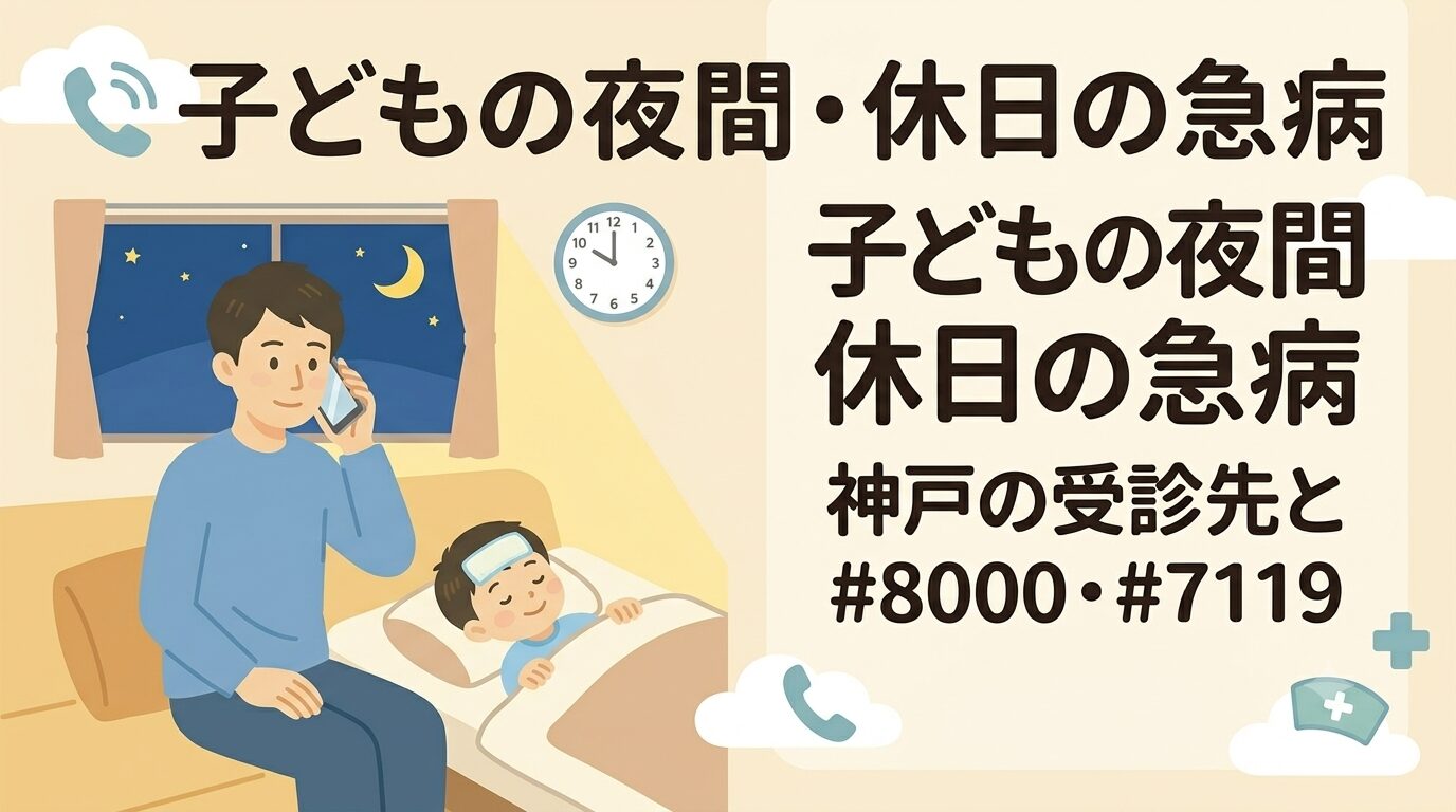 夜の家のあたたかい照明の下、スマホを手に落ち着いて電話相談している 30〜40代のパパ。すぐ横で、子どもがおでこに冷却シートを貼って布団で 静かに横になっている（苦しそうではなく、安心して休んでいる様子）。 背景に夜であることがわかる窓と時計。全体に「あわてず対応できる」安心感。