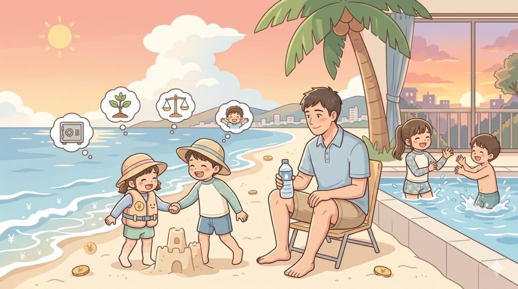海・プールで遊ぶ子どもを、共働きパパがしっかり見守っているシーン。小さい子はライフジャケット着用。日差しの下で帽子・ラッシュガード。