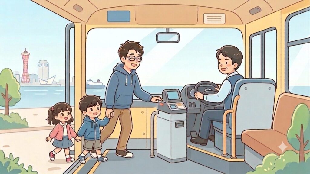 日本人の親と小さな子どもが、かわいいバスの運賃箱のあたりで降りようとしていて、親が運転手さんに笑顔で何か声をかけている(ひとこと伝えている)場面。あたたかい雰囲気。