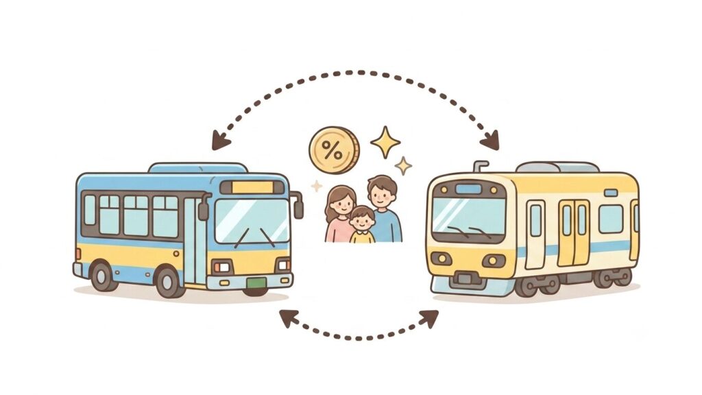 かわいくデフォルメしたバスと電車が、点線のカーブした矢印でつながっている図。あいだに「割引」を表すコインやお得アイコンを小さく配置。