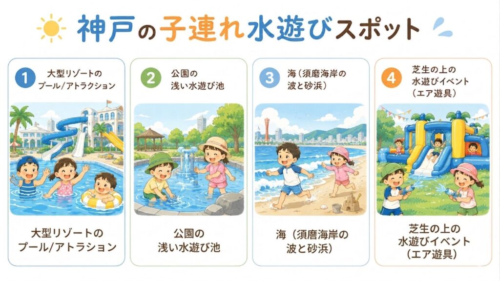 フラットイラストのインフォグラフィック。神戸の子連れ水遊びスポット4つをアイコンで並べる:①大型リゾートのプール/アトラクション ②公園の浅い水遊び池 ③海(須磨海岸の波と砂浜) ④芝生の上の水遊びイベント(エア遊具)。