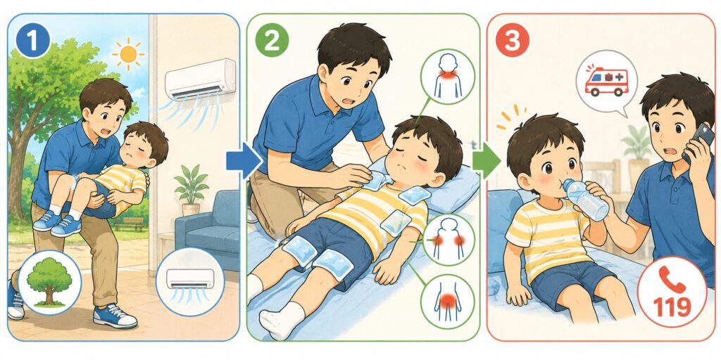 3コマ風の応急処置手順。1コマ目＝木陰やエアコンの効いた室内へ子どもを移動させる父親。2コマ目＝服をゆるめ、首・脇の下・脚の付け根を保冷剤で冷やす。3コマ目＝水分を飲ませる／スマホで119に連絡。緊急だが落ち着いた印象、わかりやすいアイコン的表現。