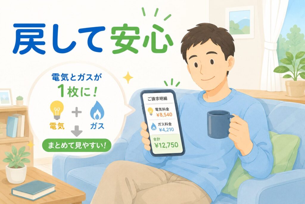 ソファでリラックスした笑顔のパパ。手元のスマホ（または紙）に、
電気とガスの明細が1枚にまとまっている様子（一元化）。
