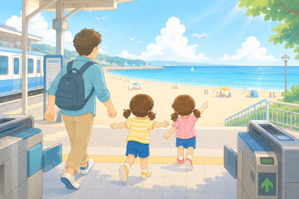 駅の改札を出た親子の目の前に、いきなり広い砂浜と海が広がっている場面。お父さんと子ども2人が「わぁ海だ!」と海に向かって歩いていく後ろ姿。電車や駅を左側にさりげなく。明るい開放感のある雰囲気。