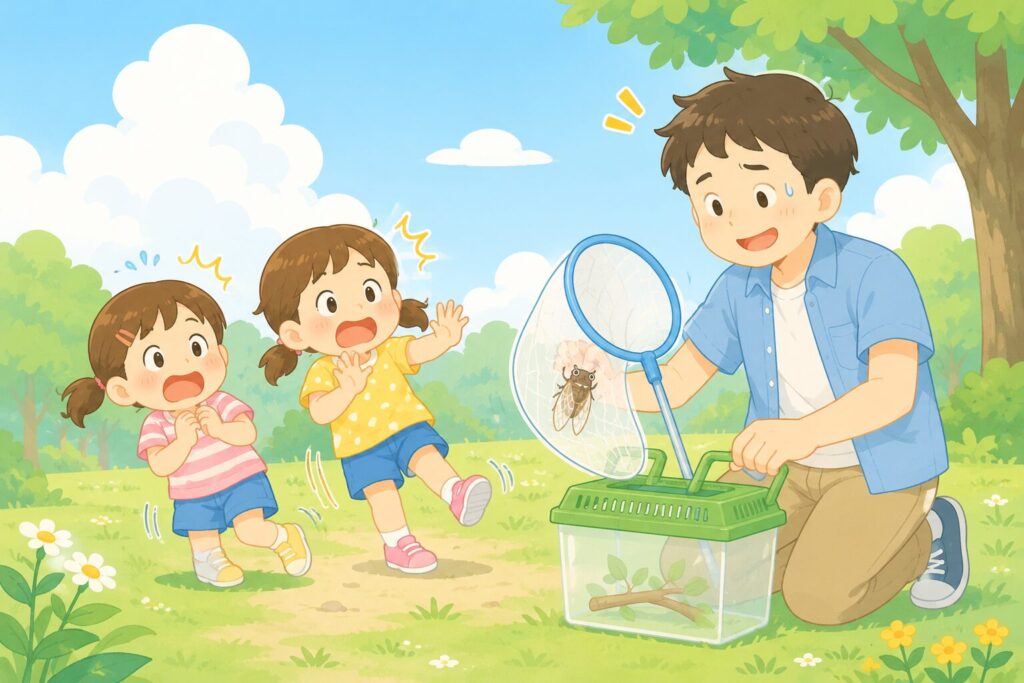 ユーモラスな家族の一場面。網の中にセミが入っていて、小さな女の子2人が驚いてのけぞって逃げ腰になっている。お父さんが苦笑いしながら網からセミを虫かごに移してあげている。コミカルで楽しい雰囲気。