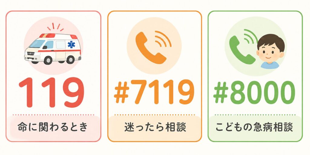 3つのカードを横(または縦)に並べた、シンプルで見やすい早見チャート。
それぞれ色分け&アイコン付き:
・赤いカード:救急車のアイコン+大きく「119」、下に「命に関わるとき」
・オレンジのカード:電話のアイコン+大きく「#7119」、下に「迷ったら相談」
・緑のカード:電話+子どものアイコン+大きく「#8000」、下に「こどもの急病相談」