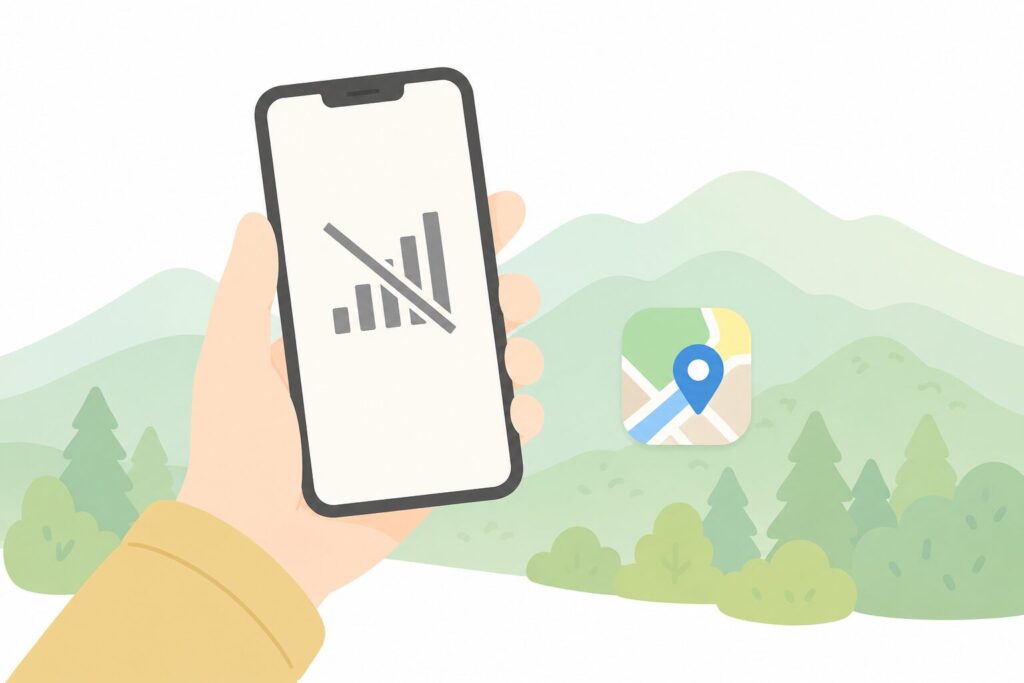 スマホが圏外で頼りにならなかったことを反省したことを示すイラスト