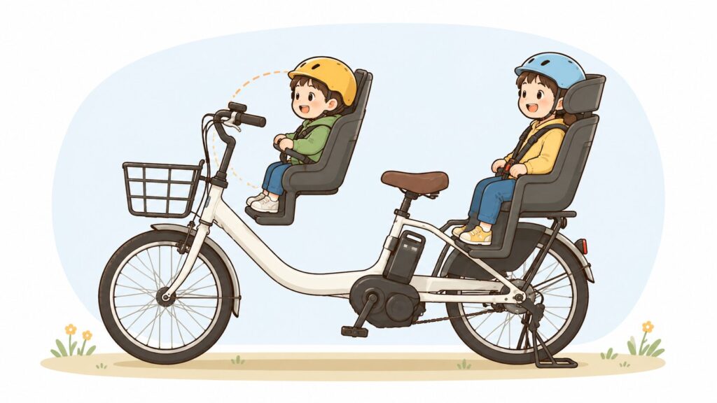 子乗せ電動自転車を横から見た図解風。前のチャイルドシートに小さい子（1〜3歳目安）、後ろのシートに少し大きい子（〜就学前）が座っている。前後の座席位置がひと目でわかる、説明図っぽい分かりやすいタッチ。ヘルメット着用。