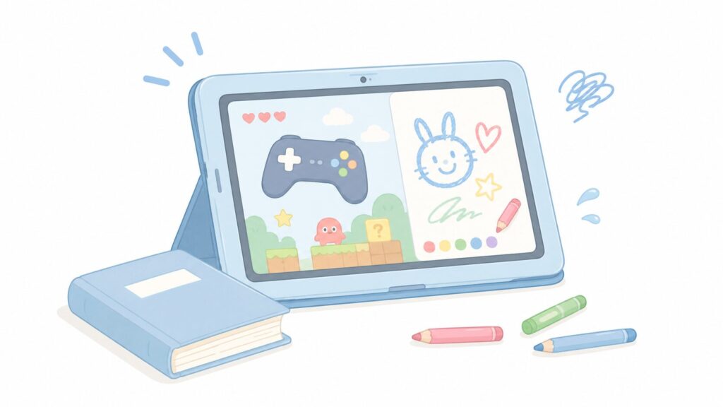 ・学習用タブレットの画面に、勉強ではなくゲームのコントローラーや落書き（お絵描き）が表示されている
・タブレットの角に「勉強」と書かれた本がそっと閉じられている