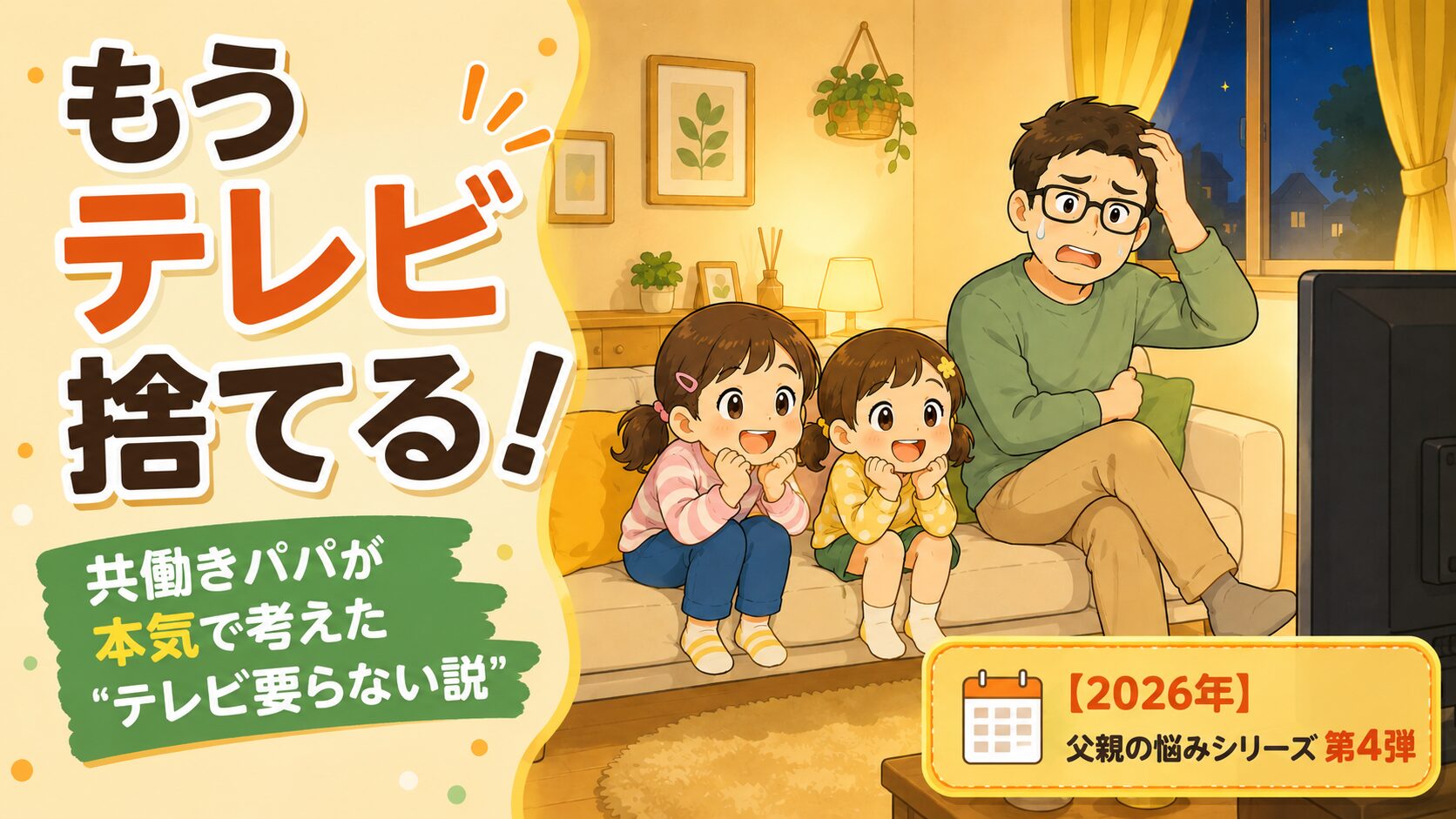 夜のリビングの一場面。ソファに座った小学生の姉妹2人（姉8歳・妹6歳）が、大画面テレビに夢中で釘付けになっている。そのすぐ横で、30代のメガネをかけた共働きパパが、少し困った・呆れたような表情で片手で頭を抱えている（コミカルで深刻すぎない）。部屋は暖色の照明でやわらかく照らされ、観葉植物やラグがある居心地のよい雰囲気。