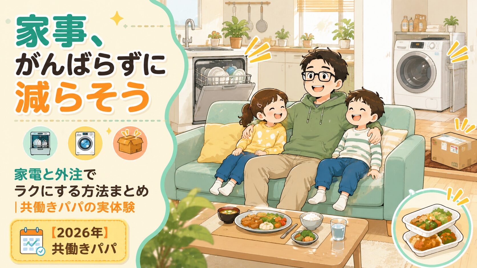明るいリビング・ダイニングで、30代のメガネのパパと子ども2人がソファでくつろいで笑っている。その周りで“家事が自動で進んでいる”様子を象徴的に描く：稼働する食洗機、回るドラム式洗濯機、玄関先に届いた宅配の箱、テーブルに並ぶ宅食のプレート。「自分でやらなくても家事が片づいていく」開放感のある雰囲気。