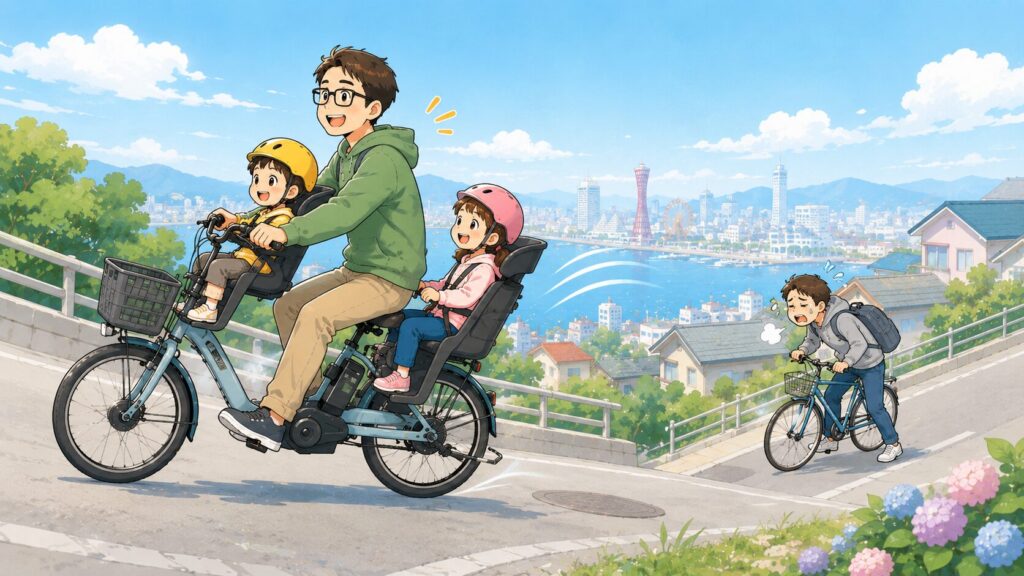 急な坂道で、子ども2人を乗せた電動アシスト自転車のパパが、笑顔で軽やかに登っていく。その後ろor対比で、ふつうの自転車（アシストなし）に乗った人が坂の途中で足をついて「ふぅ…」と苦労している様子を小さく描く。電動の「楽さ」と「普通の自転車の大変さ」の対比が伝わる構図。
