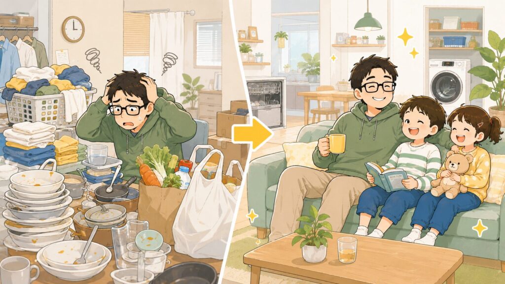 左に「ビフォー」＝山積みの家事に埋もれてぐったりするパパ（皿・洗濯物・買い物袋に囲まれる）、右に「アフター」＝家事が片づき、家族でゆったり過ごす笑顔のシーン。左右の対比で「減らすと変わる」を表現。