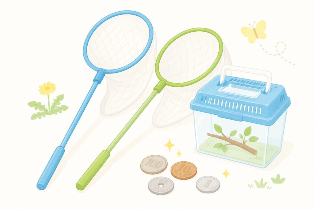 シンプルでかわいい虫取りセットの静物イラスト。虫取り網2本と、透明な昆虫ケース1個。横にコインを数枚置いて「安くそろう」イメージを表現。