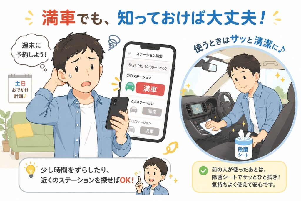 週末にスマホで予約しようとしたら
「満車」表示でちょっと困り顔のパパ(でも深刻すぎない)。
横に、除菌シートで車内をサッと拭く小さな描写