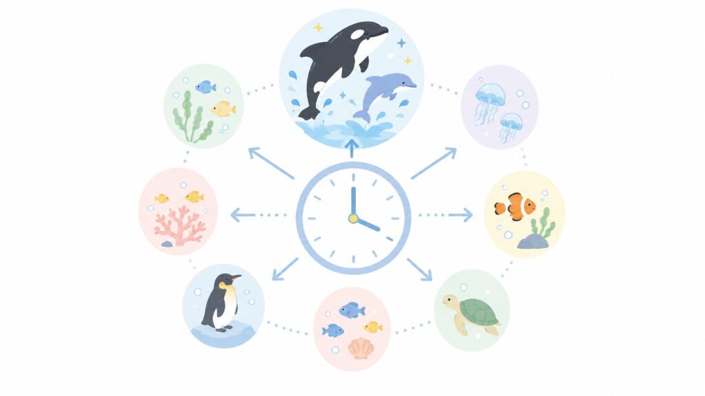 ・中央に時計とショーのアイコン(シャチ・イルカ)
・そのまわりに水族館(魚)のアイコン
・「ショーの時間を軸に回る」イメージで、時計から矢印が伸びている