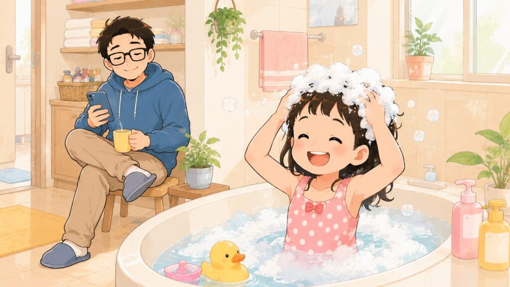 お風呂で女の子が自分で頭を泡だらけにして自分で洗い、得意げな笑顔。パパは少し離れたところでリラックスして見守る(スマホで時間に余裕がある様子