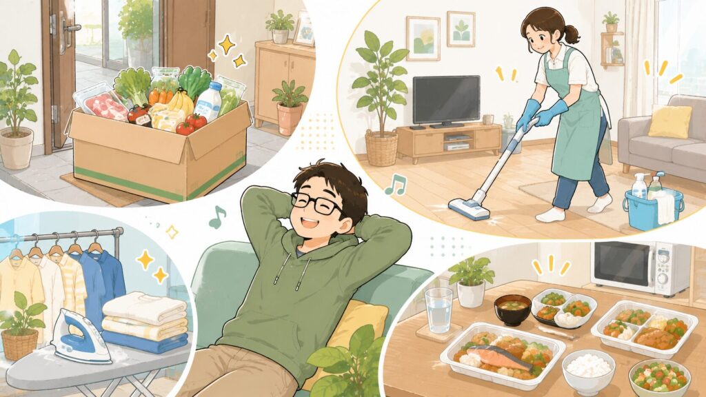 玄関に届いた宅配の箱（ネットスーパー・宅食をイメージ）、エプロン姿の家事代行スタッフが掃除する様子、テーブルに並ぶ温めるだけの食事プレート——「外注で家事が片づく」要素を1枚にまとめたコラージュ風。