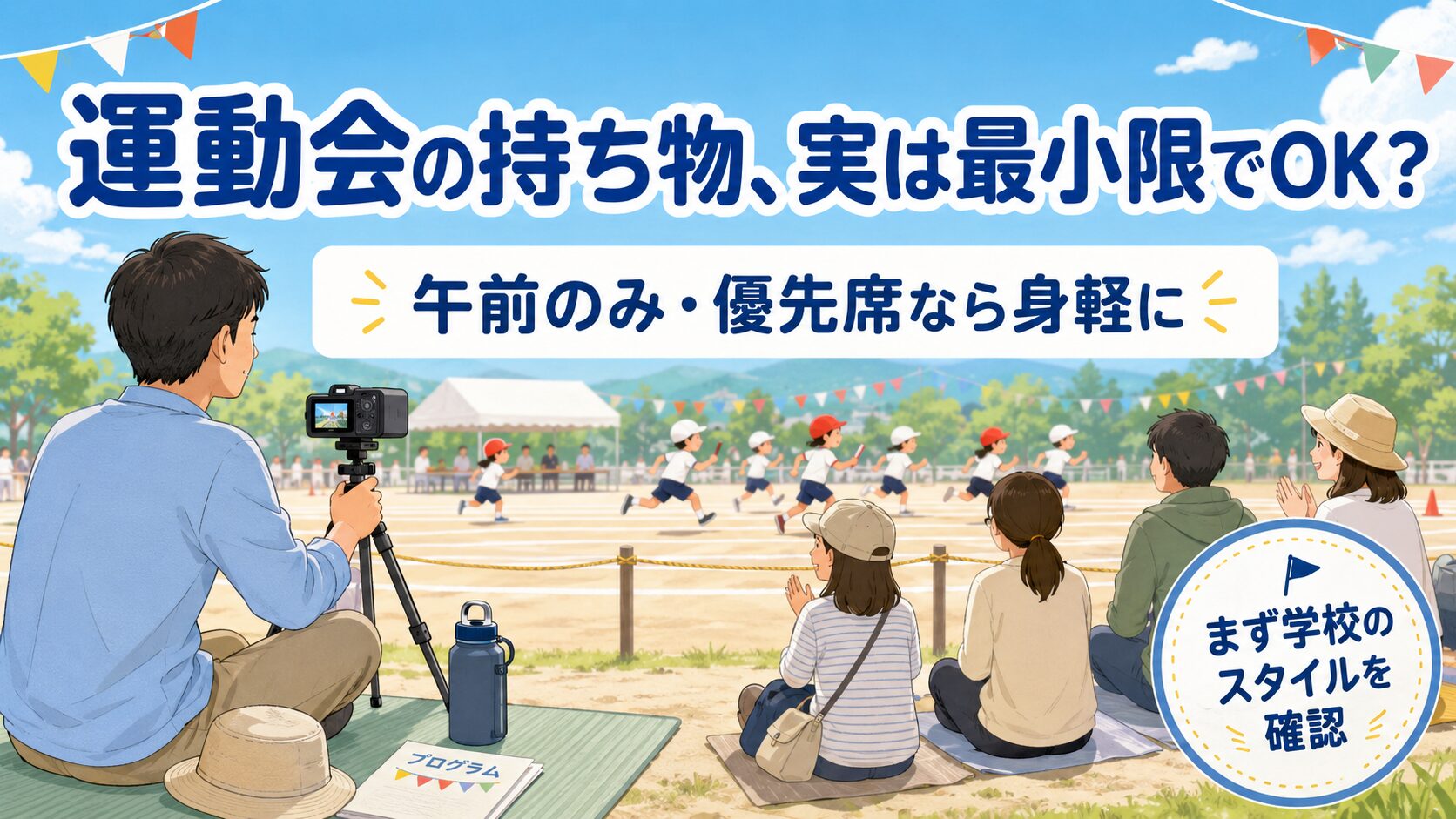 校庭の観覧エリアで、30〜40代の日本人パパがコンパクトな三脚＋ビデオで我が子を撮影している。手荷物は帽子・水筒・プログラムだけの身軽な様子。周りの保護者も譲り合って穏やかに観覧。遠くのトラックで子どもたちが競技。ギスギスした場所取りバトルではない、平和な空気感。