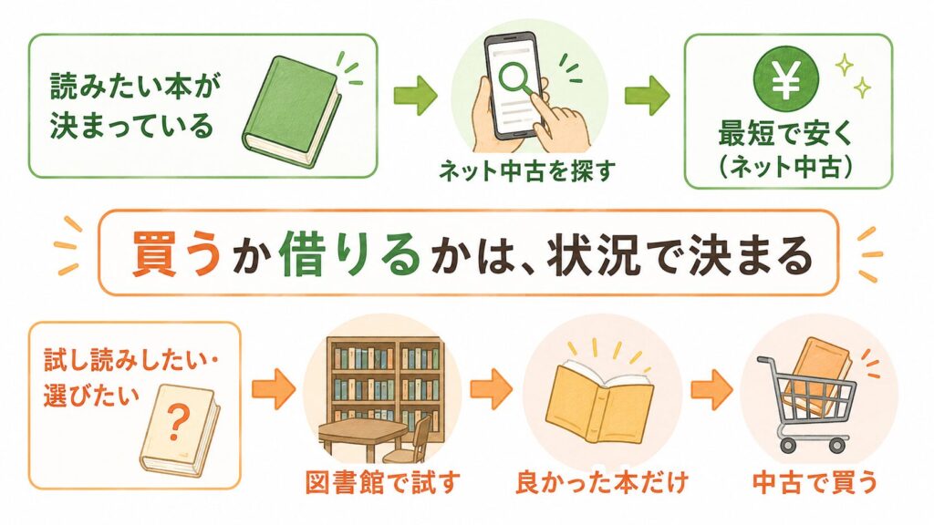 ・上のルート「読みたい本が決まっている」：本のアイコン → 矢印 → スマホで
　ネット中古を探すアイコン → 「最短で安く」
・下のルート「試し読みしたい・選びたい」：はてなマークの本 → 矢印 → 図書館
　（本棚）のアイコンで試す → 「良かった本だけ」→ 中古で買うアイコン
・中央に見出し：「買うか借りるかは、状況で決まる」
