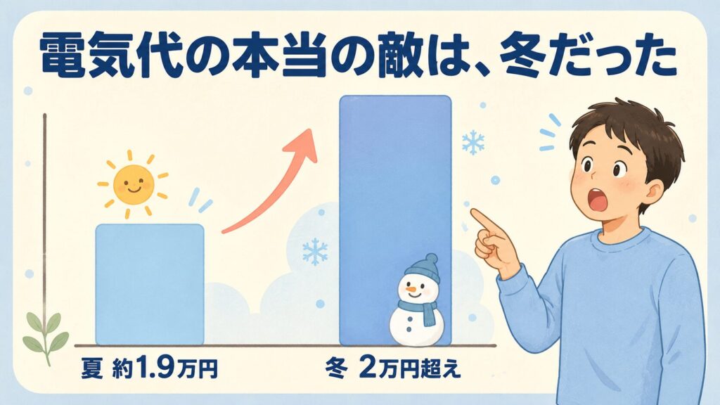 シンプルな棒グラフ風のイラスト。左に「夏」の棒(太陽アイコン付き・中くらいの高さ)、右に「冬」の棒(雪だるまアイコン付き・夏より明らかに高い)。棒の横で30代の日本人パパが冬の棒を指さして驚いた顔をしている。
