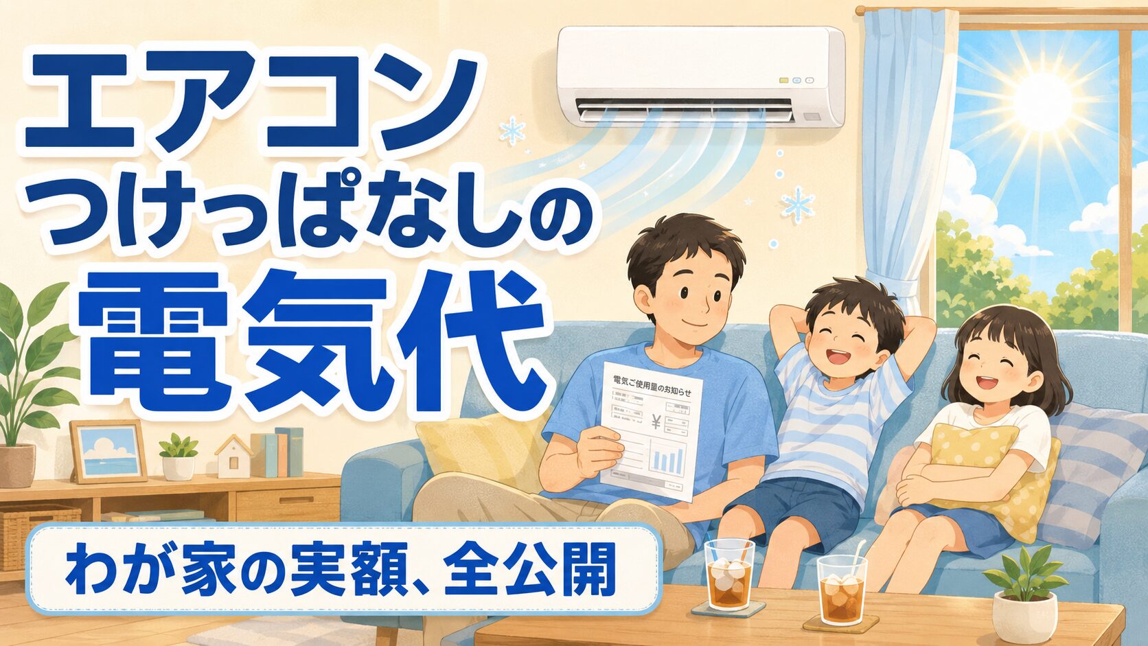 夏のリビング。壁の上部にエアコンが稼働中（涼しい風の流線が出ている）。ソファで30代の日本人パパと小学生の子ども2人が涼しそうにくつろいでいる。パパは手に電気代の明細（紙）を持って穏やかに微笑んでいる。窓の外はギラギラの太陽。「怖がってたけど、実額はこうだった」という安心感のある雰囲気。