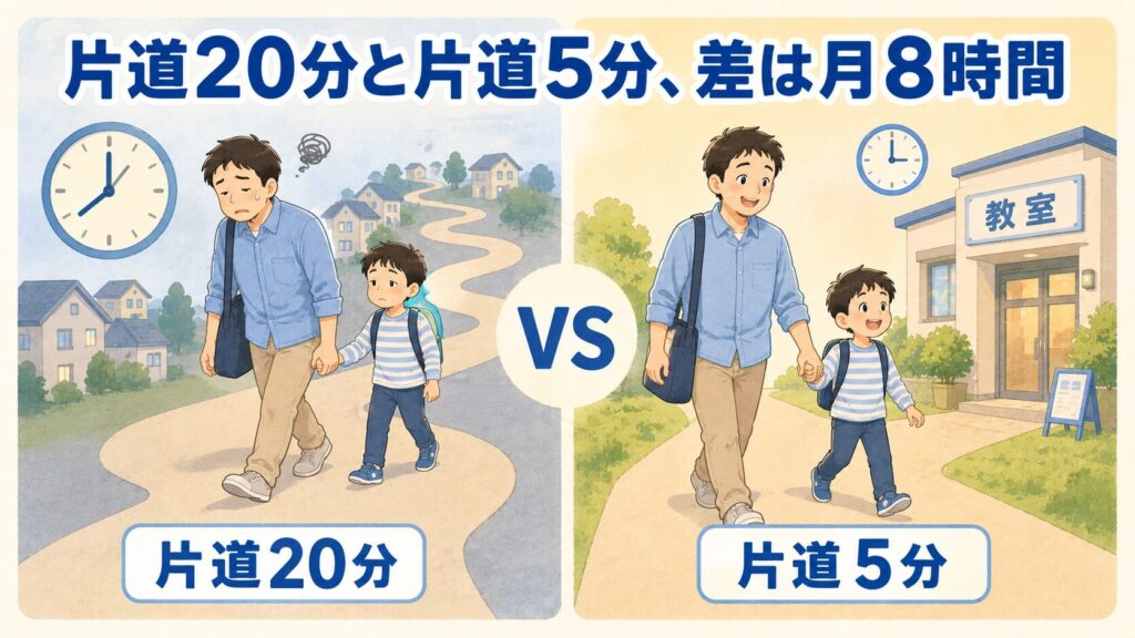 長い道のりを歩く親子(道がぐねぐね長く描かれ、親がぐったりした表情)。右側:数歩で教室に着く親子(道が短く、親がにっこり笑顔)。真ん中に「VS」の文字。時計のアイコンを左側に大きく、右側に小さく添える。