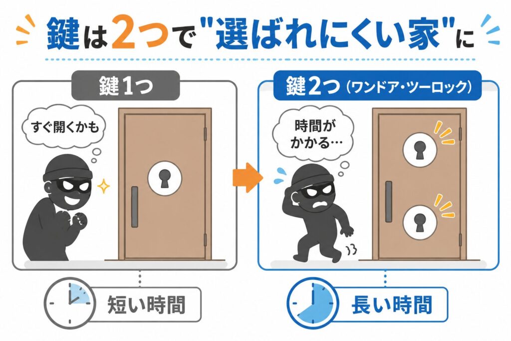 ・左「鍵1つ」：ドアに鍵マーク1つ。泥棒風のシルエットが「すぐ開くかも」と
　ニヤリ。時計マークに「短い時間」。
・右「鍵2つ（ワンドア・ツーロック）」：同じドアに鍵マーク2つ。泥棒風の
　シルエットが「時間がかかる…」と嫌がって引き返す。時計マークに「長い時間」。
・中央上に見出し：「鍵は2つで"選ばれにくい家"に」