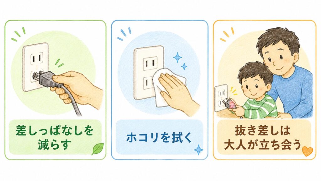 ・左：コンセントから使わないプラグを抜いている手のイラスト。「差しっぱなしを
　減らす」
・中央：プラグとコンセントのすき間をやさしく拭いているイラスト。「ホコリを拭く」
・右：親子でコンセントを一緒に扱っているイラスト（パパが子どもの隣で見守る）。
　「抜き差しは大人が立ち会う」