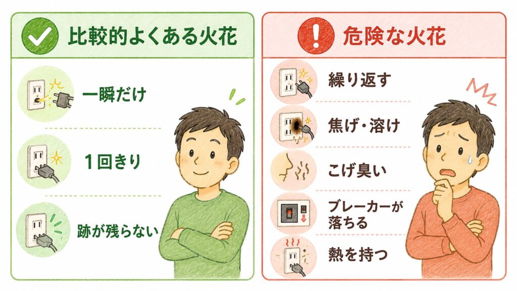 ・左「比較的よくある火花（安心寄り）」（緑系）：チェックマークとともに
　「一瞬だけ」「1回きり」「跡が残らない」のアイコン付き項目。穏やかな表情の顔。
・右「危険な火花（注意）」（赤系）：ビックリマークとともに「繰り返す」
　「焦げ・溶け」「こげ臭い」「ブレーカーが落ちる」「熱を持つ」のアイコン付き項目。
　心配そうな表情の顔。