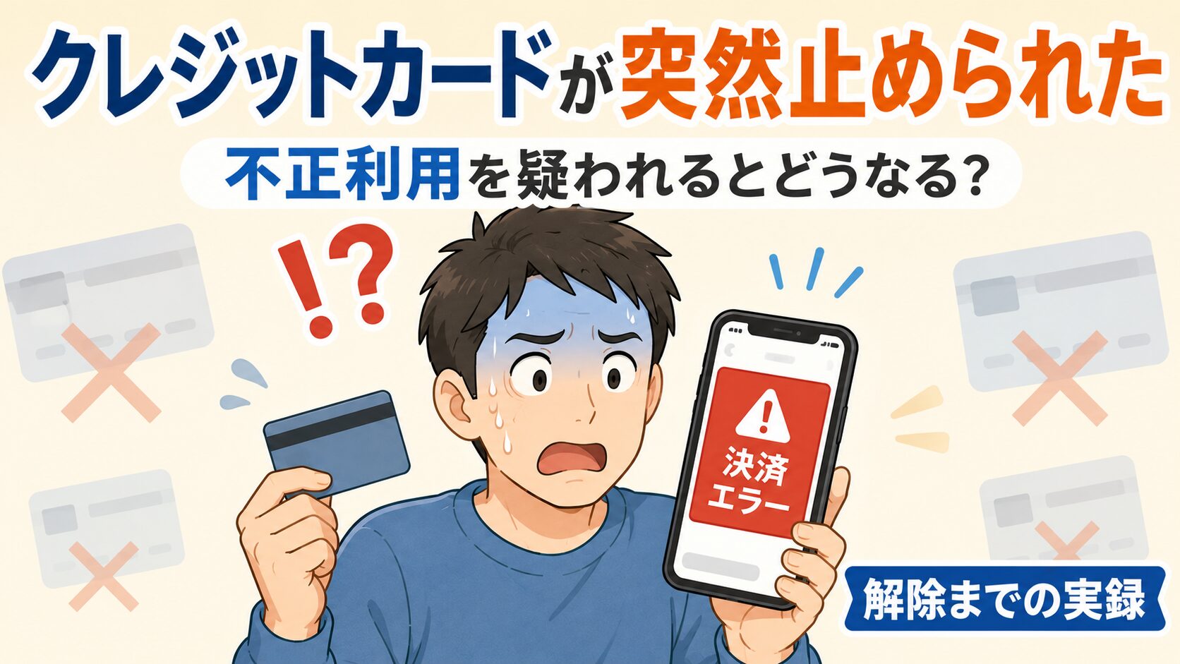 中央に、スマホを持って青ざめている30〜40代の日本人パパ。スマホ画面には 「決済エラー」の赤い表示。パパの手にはクレジットカード（無地・番号や ブランドロゴのないデザイン）。頭の上に大きく「！？」。 背景に、うっすらと「×」マークの付いたカードのアイコンが散っている。