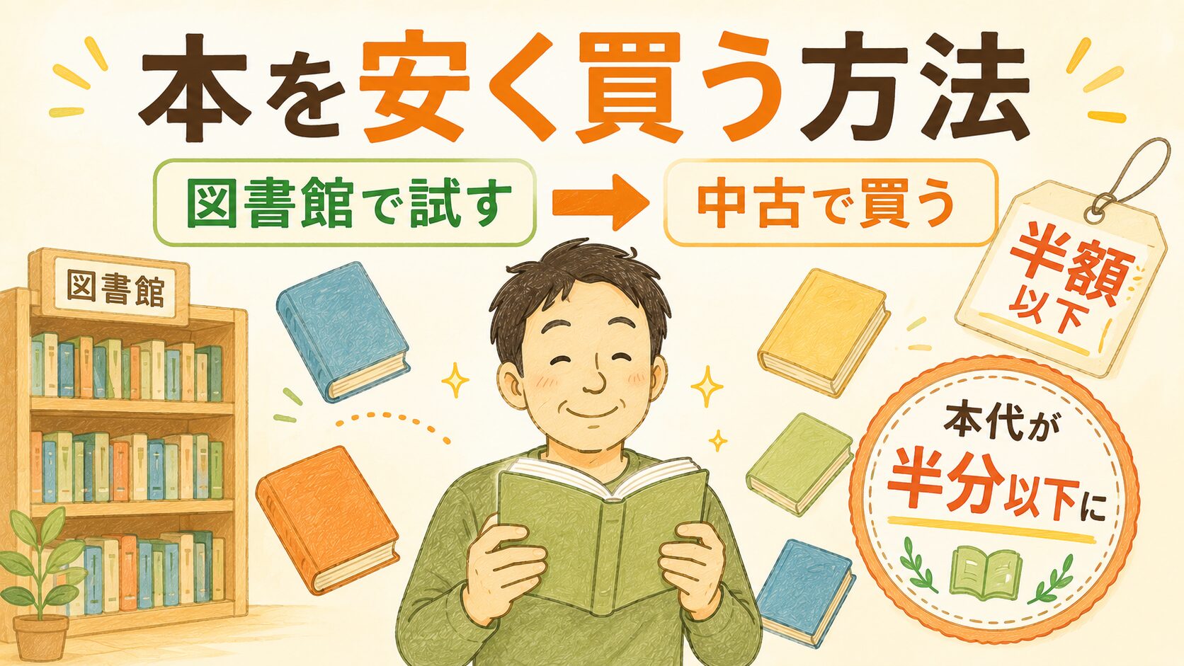 中央に、本を手に持って満足げに微笑む30〜40代の日本人パパ。周りに、無地の 本（タイトルの入っていないシンプルな本）が数冊ポップに浮かぶ。 背景の左側に「図書館」を表す本棚のアイコン、右側に値札で「半額以下」の イメージ。左から右へ「試す→買う」を示す矢印。